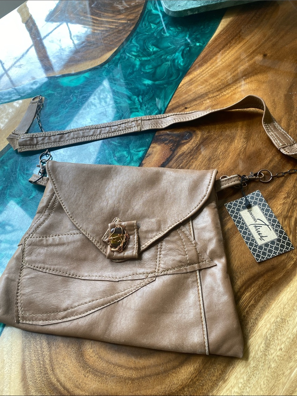 Threadz Taupe Faux-Leather Crossbody Bag with Gold Accent